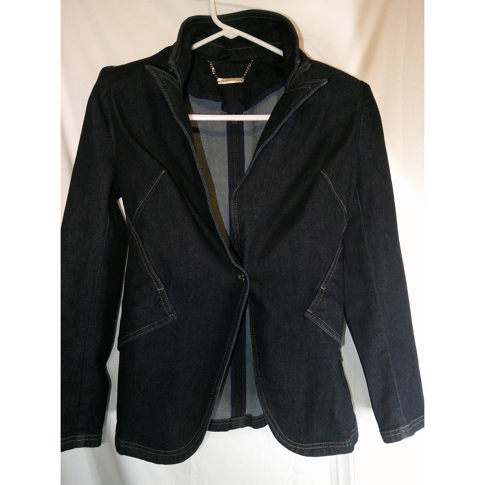 White House Black Market Denim Blazer‎ Jacket Fitted Career Dark Wash Size 4
